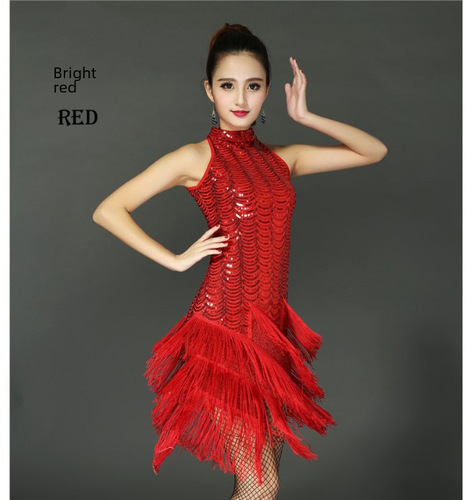 A women's adult spring summer performance costume for Latin dance, featuring a chiffon Latin dance dress with fringes and a one-piece design.