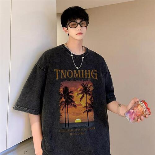 Men's Summer Supply Wash T-Shirt, Korean Style Trendy Print Half-Sleeve Top, Loose Casual Streetwear Brand