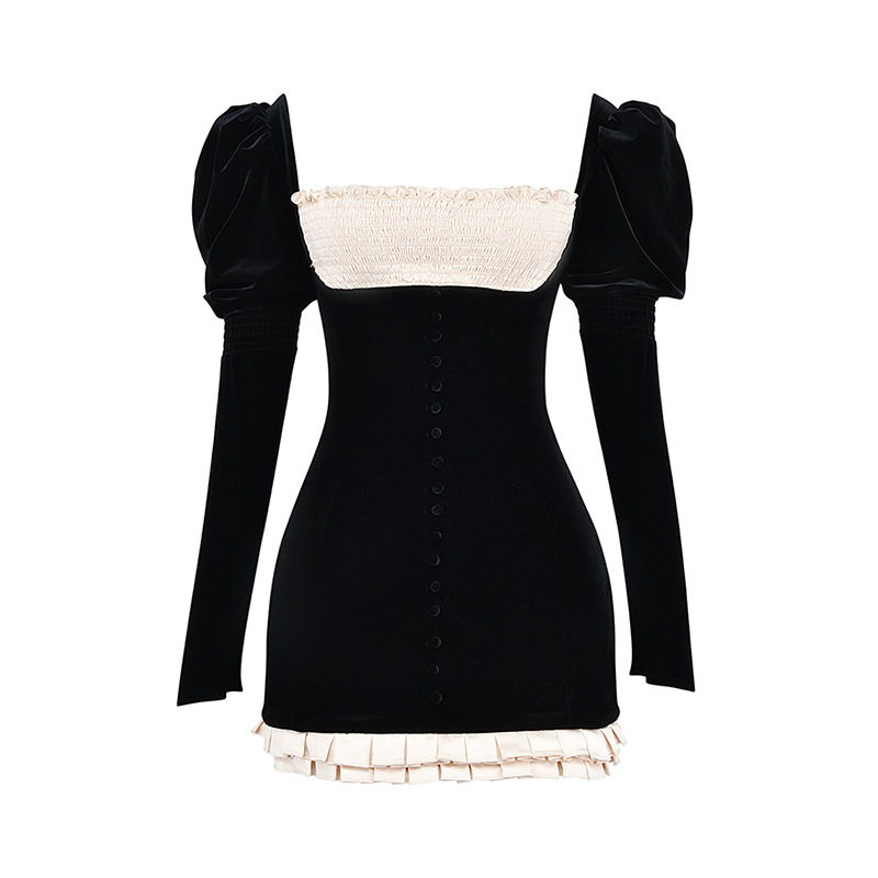 Otoño e invierno europeo y americano nuevo vestido de terciopelo retro francés elegante manga larga chica caliente falda de cadera manga de soplo Falda corta para las mujeres