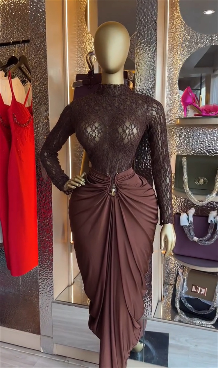 Women's Long-sleeve Lace Blouse And High-waist Pencil Skirt Set_voghion.com