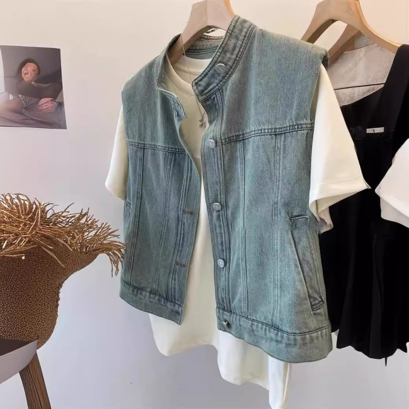 Literary Youth! Motorcycle Style Small Stand Collar Two-Color Denim Vest Jacket for Women 2025 Spring Wear Vest Literary Youth! Motorcycle Style Small Stand Collar Two-Color Denim Vest Jacket for Women 2025 Spring Wear Vest