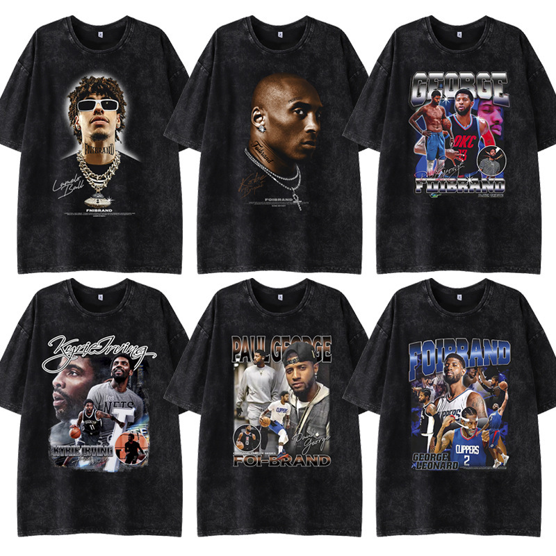 Paul George American Style Retro Washed Print Short Sleeve Loose Casual Spring/Summer High Street Star T-Shirt