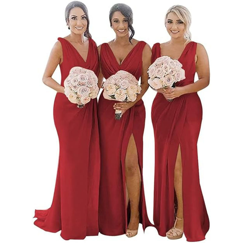 European and American Evening Dresses 2026 New Style Women's V-Neck Chiffon Bridesmaid Dress with Slit Cocktail Party Formal Evening Dress