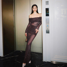WQ25224欧美风性感闪闪透视一字肩长袖连衣裙 2025秋季新款包臀裙