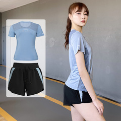 2024運動套裝女夏瑜伽服健身修身顯瘦速乾衣短袖網紗拼接上衣