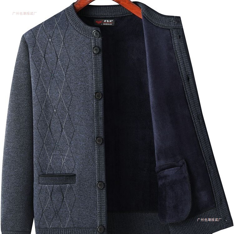 Dad's Round Neck Cardigan Sweater Fleece-Lined and Thickeneded Middle-Aged and Elderly Men's Knitted Jacket Grandpa's Autumn and Winter Top Dad's Round Neck Cardigan Sweater Fleece-Lined and Thickeneded Middle-Aged and Elderly Men's Knitted Jacket Grandpa's Autumn and Winter Top