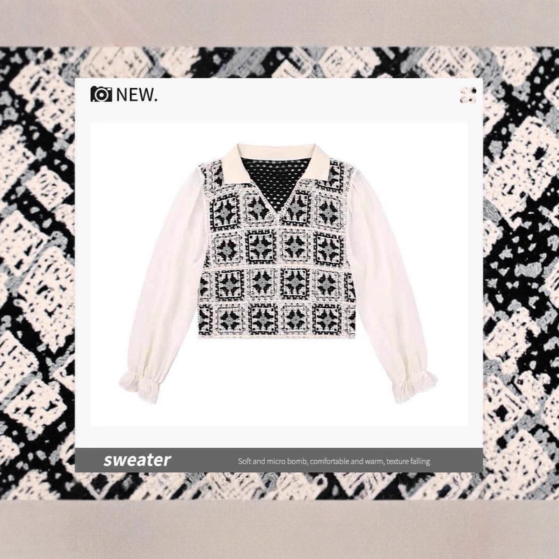 Knitted Embroidered Pullover Lace Long-Sleeved Cut Out Crocheted Plaid Women's Top Bohemian Ethnic Style Polo Collar