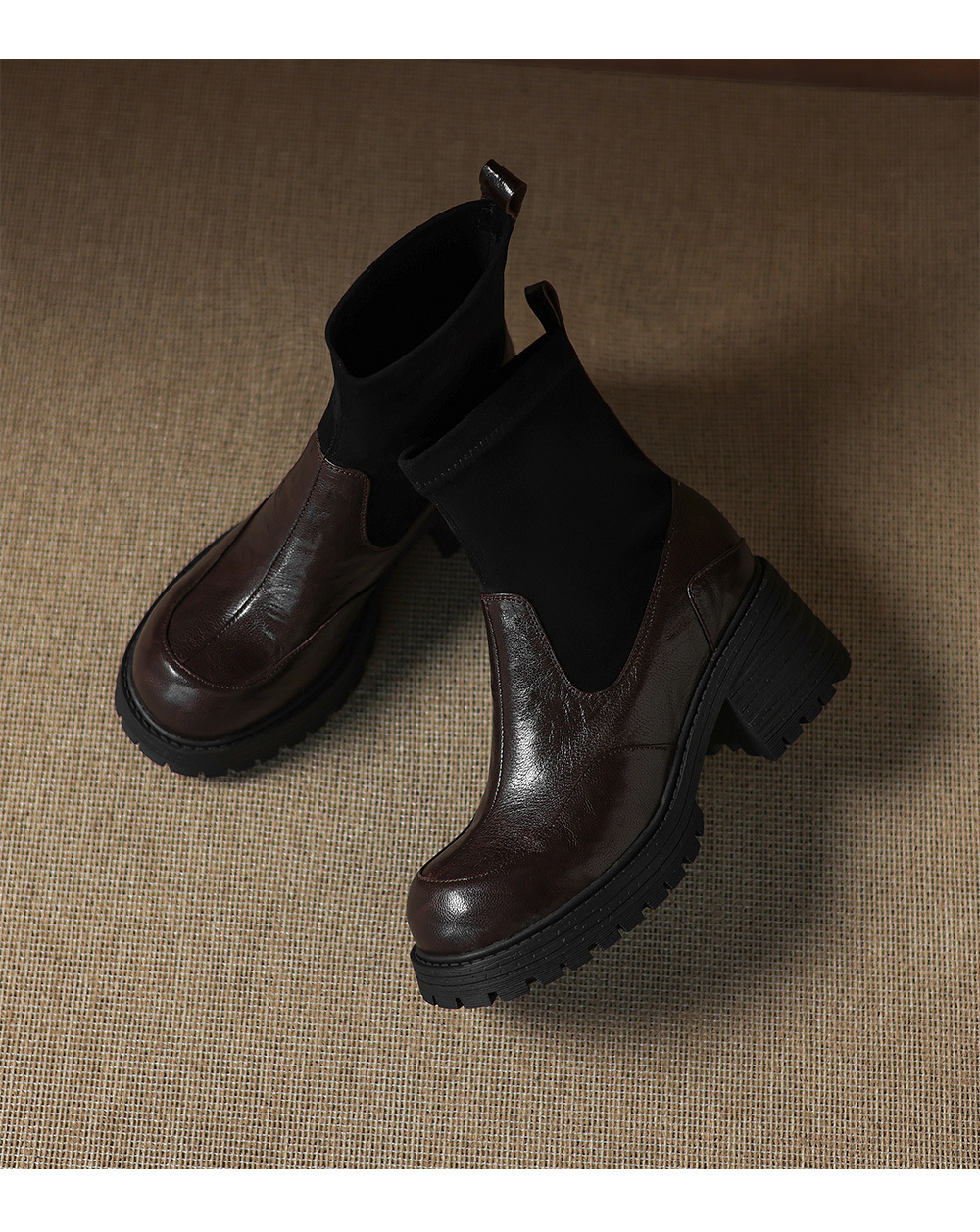 Boot cổ ngắn cao gót đế dày mũi tròn phong cách retro thu đông 2025, phối dệt kim, gót thô ôm chân — nhung đen, Nhung nâu, Lớp lót đơn màu đen, Lớp lót đơn màu nâu chi tiết 14