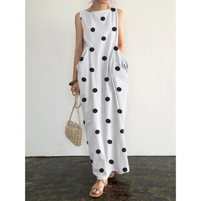 European and American Amazon Summer Women's Long Skirt Polka Dot Print Pocket Loose Casual Round Neck Dress