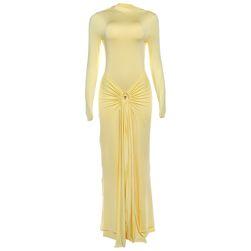 Women's Elegant Long-Sleeve Maxi Solid Color Dress