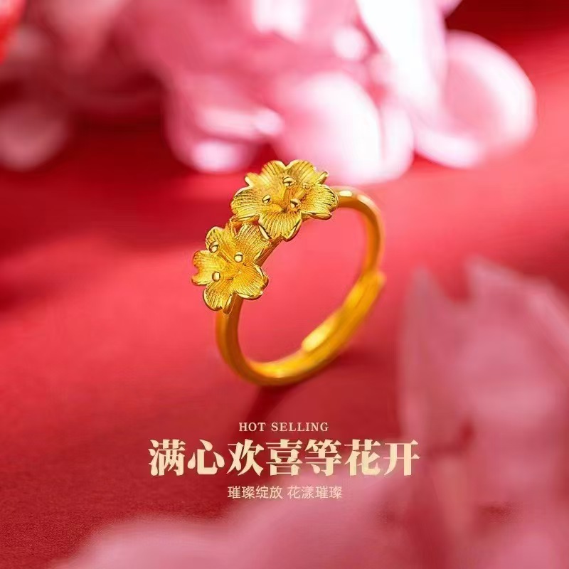 Vintage Double Flower Ring for Women with Artistic Niche Style, Vietnamese Sand Gold Flower Adjustable Ring, Wedding Gold-Plated Jewelry