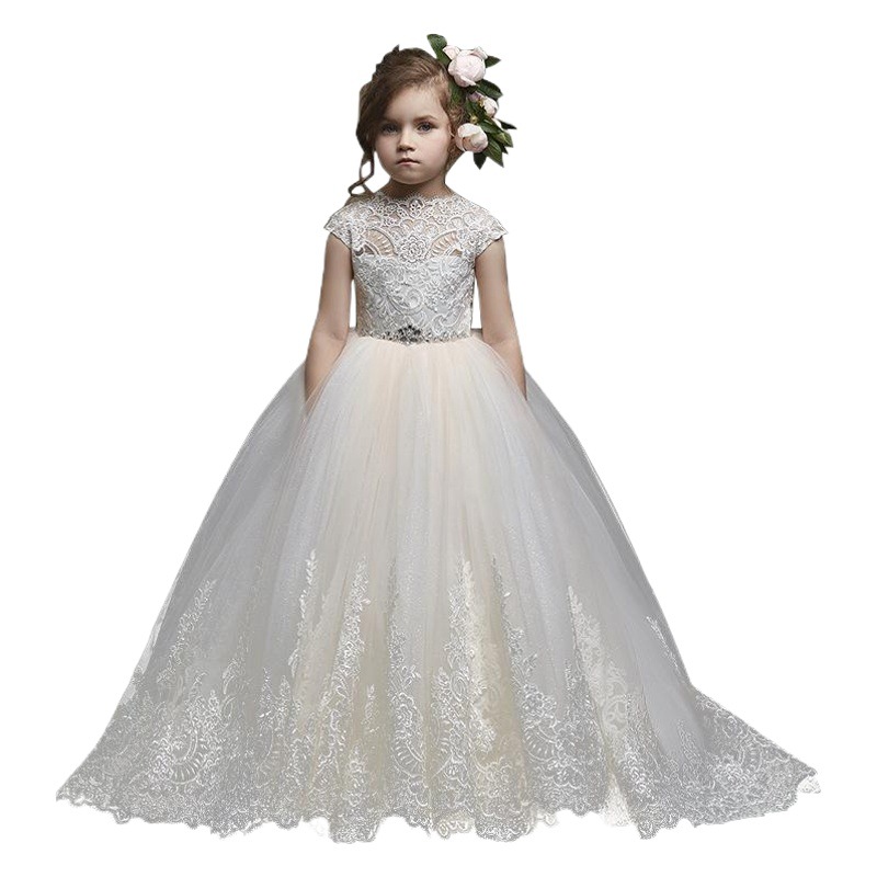 Nueva Europa y América del comercio exterior de los niños encaje vestido sin mangas backless cumpleaños anfitrión rendimiento niña mullido vestido
