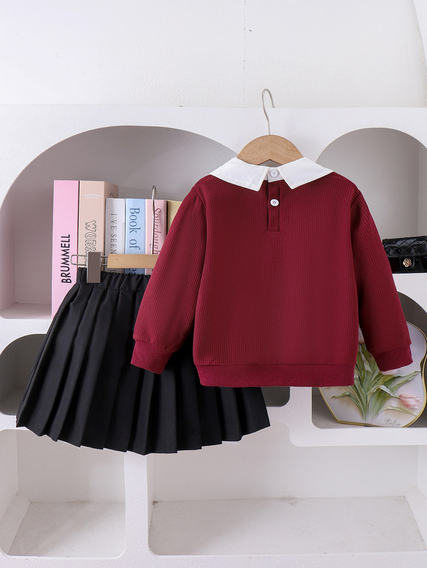 Children's clothing  SHEIN跨境女童套装白色领酒红色卫衣百褶裙|undefined
