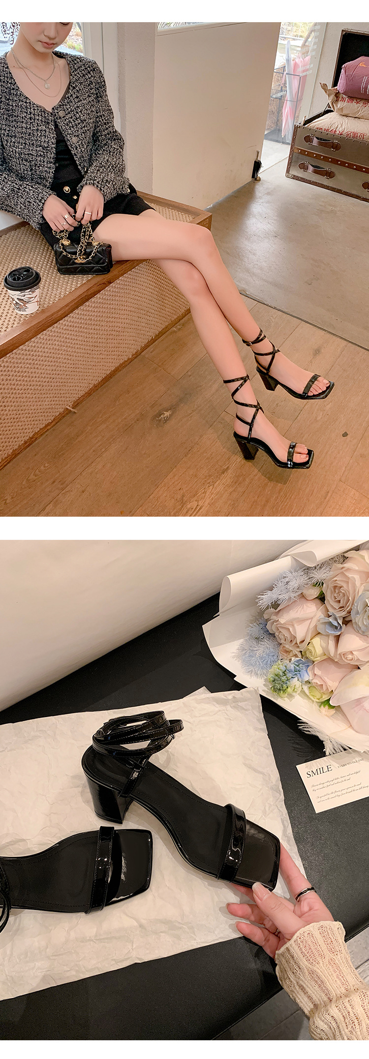 Sandal cao gót nữ hở mũi quai chân phong cách tiên nữ gót thô — Màu đen chi tiết 16