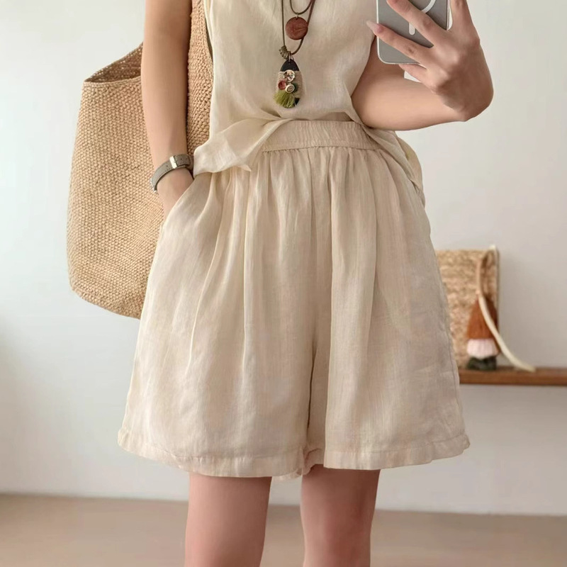 2025 New Pure Ramie Large Version Elastic Waist Shorts Retro Literary Women's Double Layer Loose Slimming Look Five-Point Pants 2025 New Pure Ramie Large Version Elastic Waist Shorts Retro Literary Women's Double Layer Loose Slimming Look Five-Point Pants