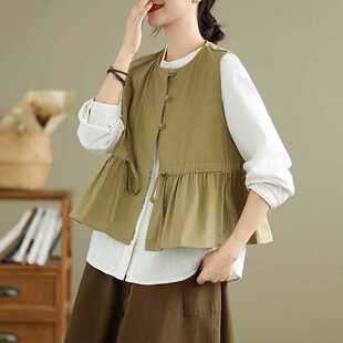 Real Pat Sweet Wear Japanese Literary Chanel Style Vest Waist Drawstring Lace Cotton Three Button Cardigan Vest