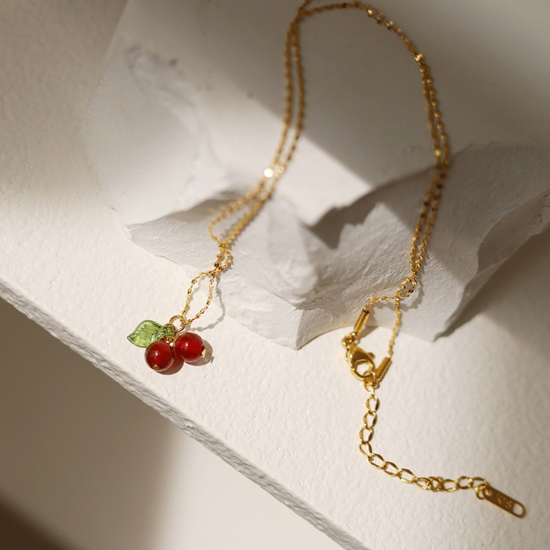 Cute Sweet Cherry Titanium Steel Plating Inlay Garnet Pendant Necklace 1 Piece display picture 4