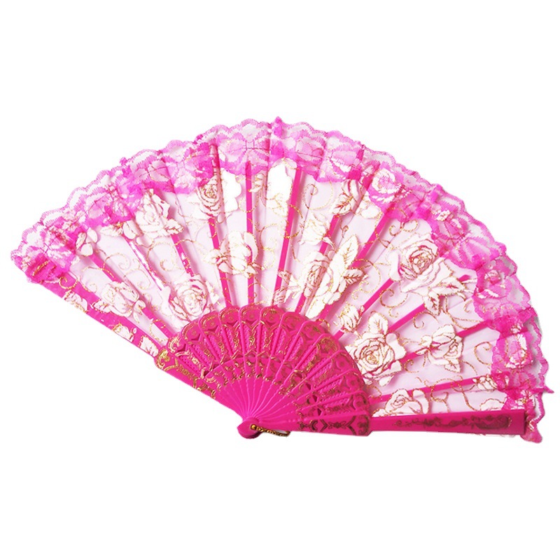En stock Amazon Rosa ventilador plegable AliExpress ventilador de hueso de plástico borde de encaje Rosa ventilador plegable rosa