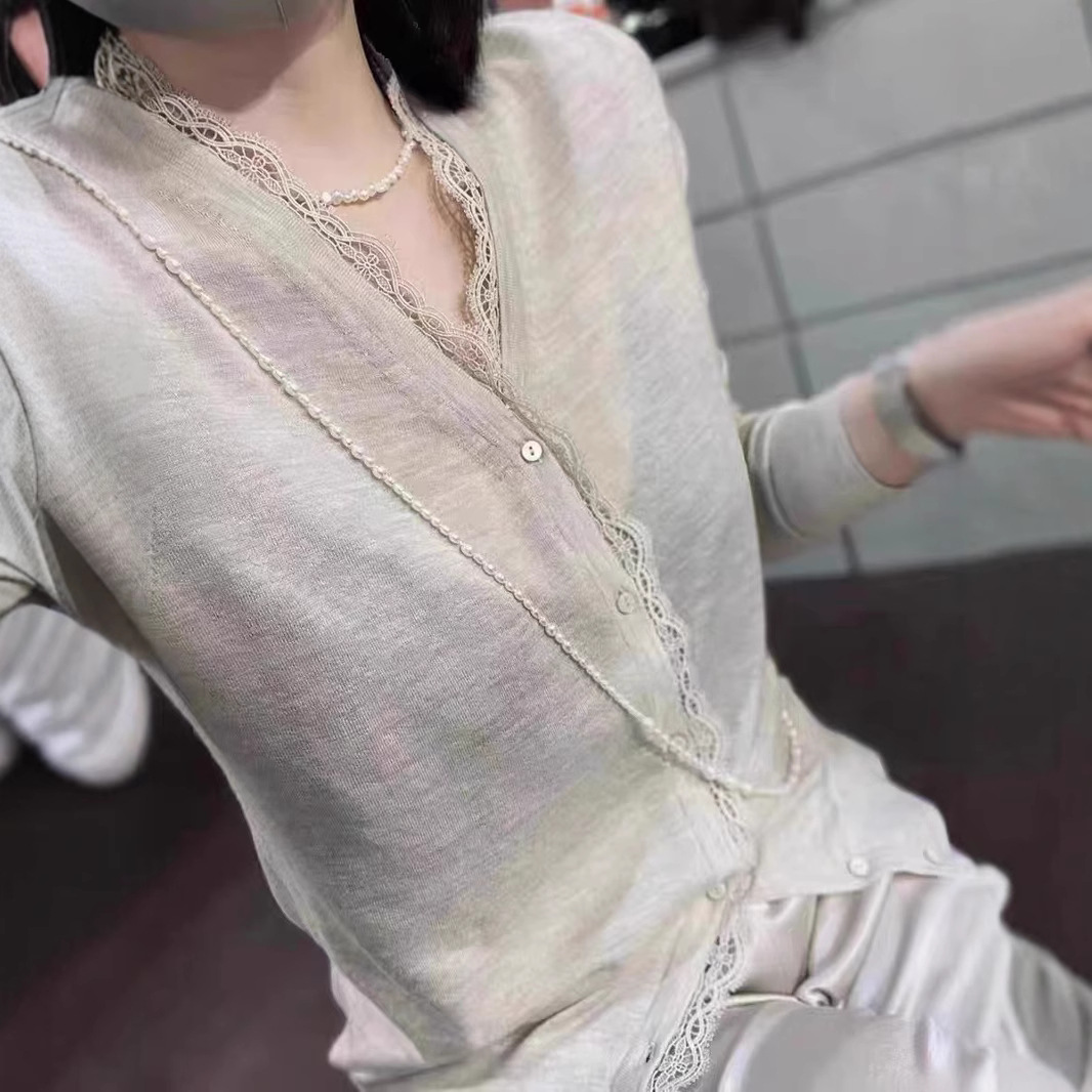 Sunshine Lu'Er Wool Cardigan for Women 2025 Spring V-Neck Lace Trim Elegant Commuter Beige Knitted Cashmere Cardigan for Women