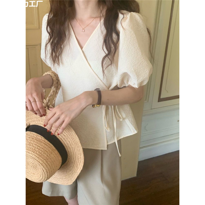 One-Piece Shirt for Women 2025 Summer Korean Chic Design Niche V Neck Cross Strap Puff Sleeve Top