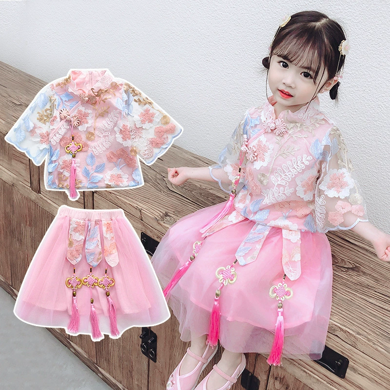 Детское платье принцессы Hanfu, новое платье феи в древнем стиле, летний тонкий костюм Тан, стильный комплект из двух предметов для молодых девушек.