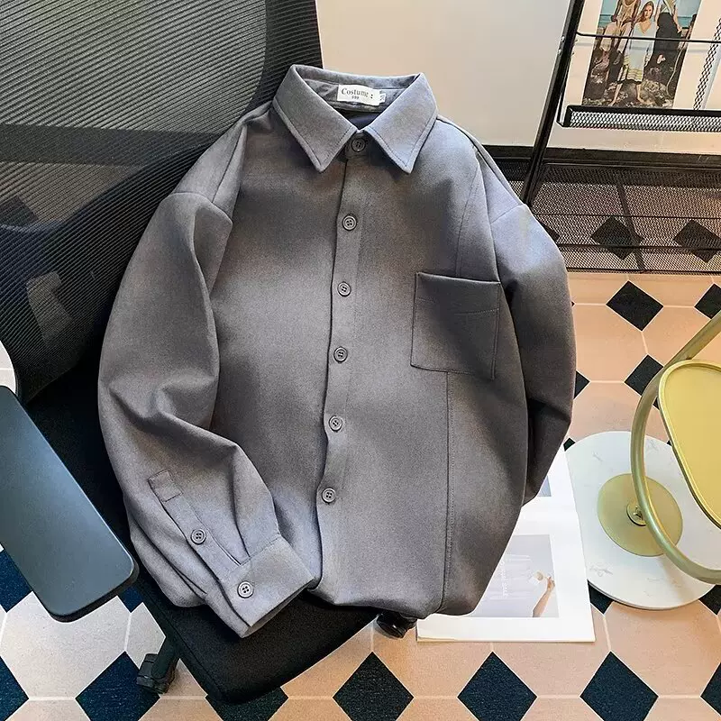 高级感麂皮绒绒长袖衬衫男韩版潮流痞帅免烫衬衣服春秋季宽松外套