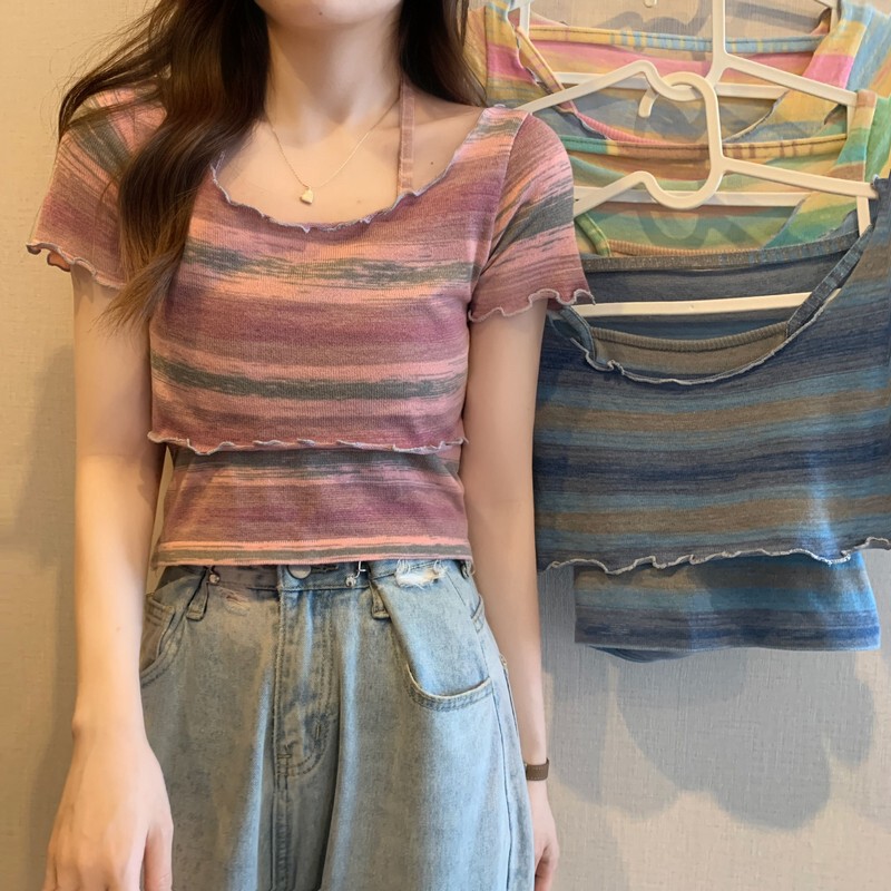 In stock wholesale hot girl style short top women's design sense niche wooden ear shoulder T-shirt short sleeve two-piece suit