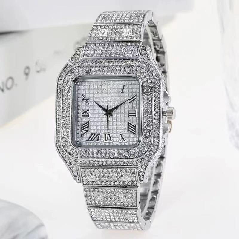 square watch starry steel belt Diamond-embedded men's Roman scale starry fashion quartz watch_voghion.com