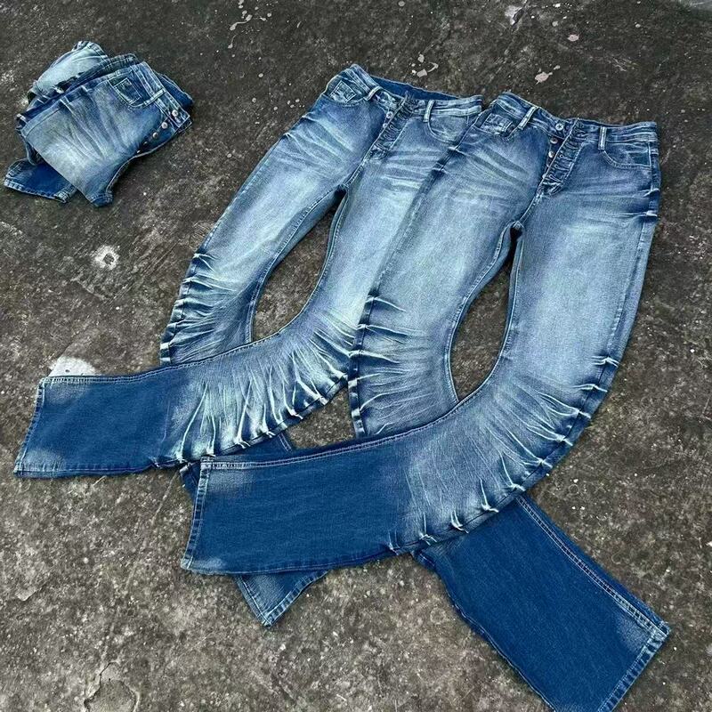 European and American High Street Retro Vintage Button Pleated Scimitar Jeans Men's Straight Slim Casual Stacked Pants