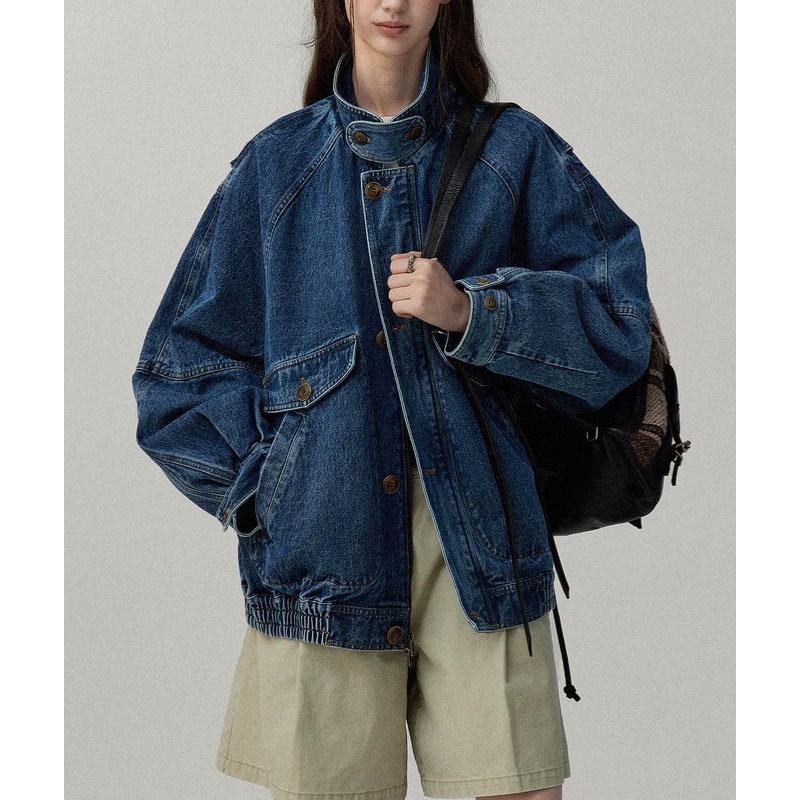 Scandinavian Medieval Texture Denim Jacket for Women 2025 Early Autumn New Style Stand-Up Collar Fashionable Slim Bomber Jacket