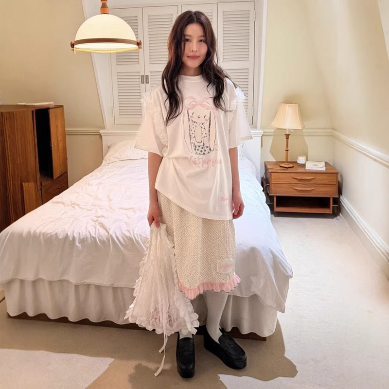 2026 Spring and Summer Cute Bow-Knot Bunny Lace Round Neck Short-Sleeved Loose T-Shirt for Women Korea Dongdaemun 2026 Spring and Summer Cute Bow-Knot Bunny Lace Round Neck Short-Sleeved Loose T-Shirt for Women Korea Dongdaemun