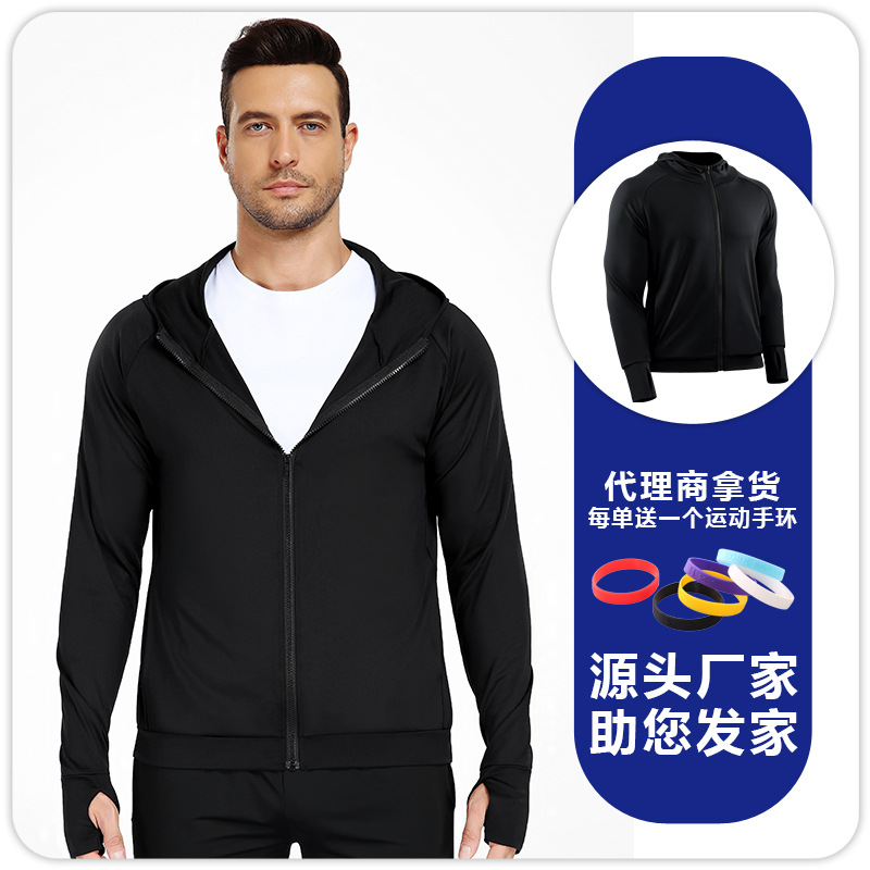 Camiseta con cremallera encapuchada de hombre con agujeros de pulgar, doble bolsillo para montar, entrenar, correr, chaqueta de fitness image 6
