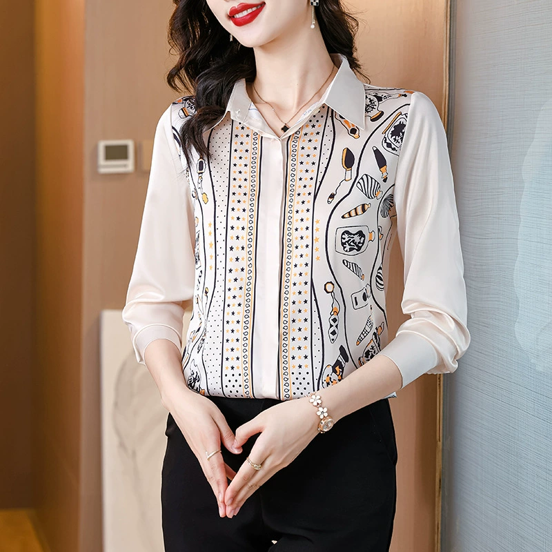 Рубашка из искусственного шелка Женская шелковая модная универсальная элегантная рубашка с длинным рукавом и лацканами 2024 весна-осень Женская Новинка