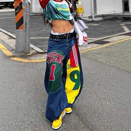 y2k美式复古街头嘻哈重磅设计感贴布印花牛仔裤女潮流宽松阔腿裤