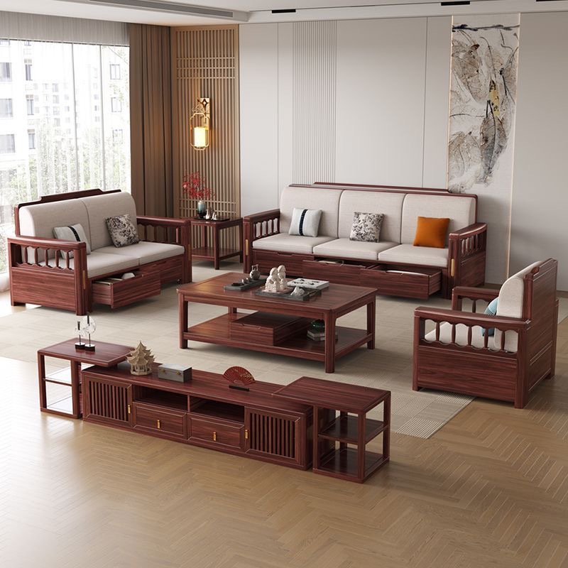 新中式乌金木实木沙发组合中式客厅冬夏两用贵妃家用抽屉储物沙发