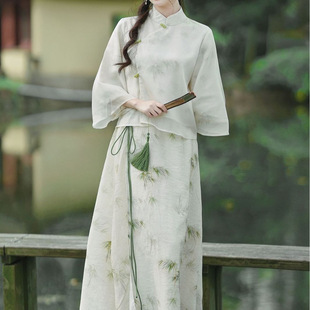 2025 Summer New Style New Chinese Retro Stand Collar Two-Piece Set Chinese Style Ancient Rhyme Printed Tang Suit Fairy Zen Tea Suit Cheongsam