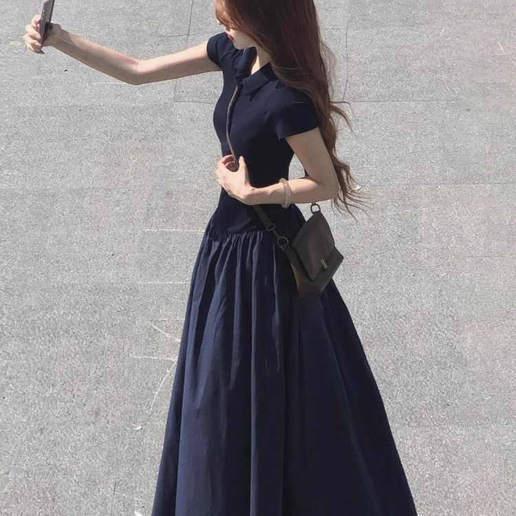 法式休闲慵懒拼接连衣裙女夏季气质短袖polo领长裙子松弛感大摆裙|undefined