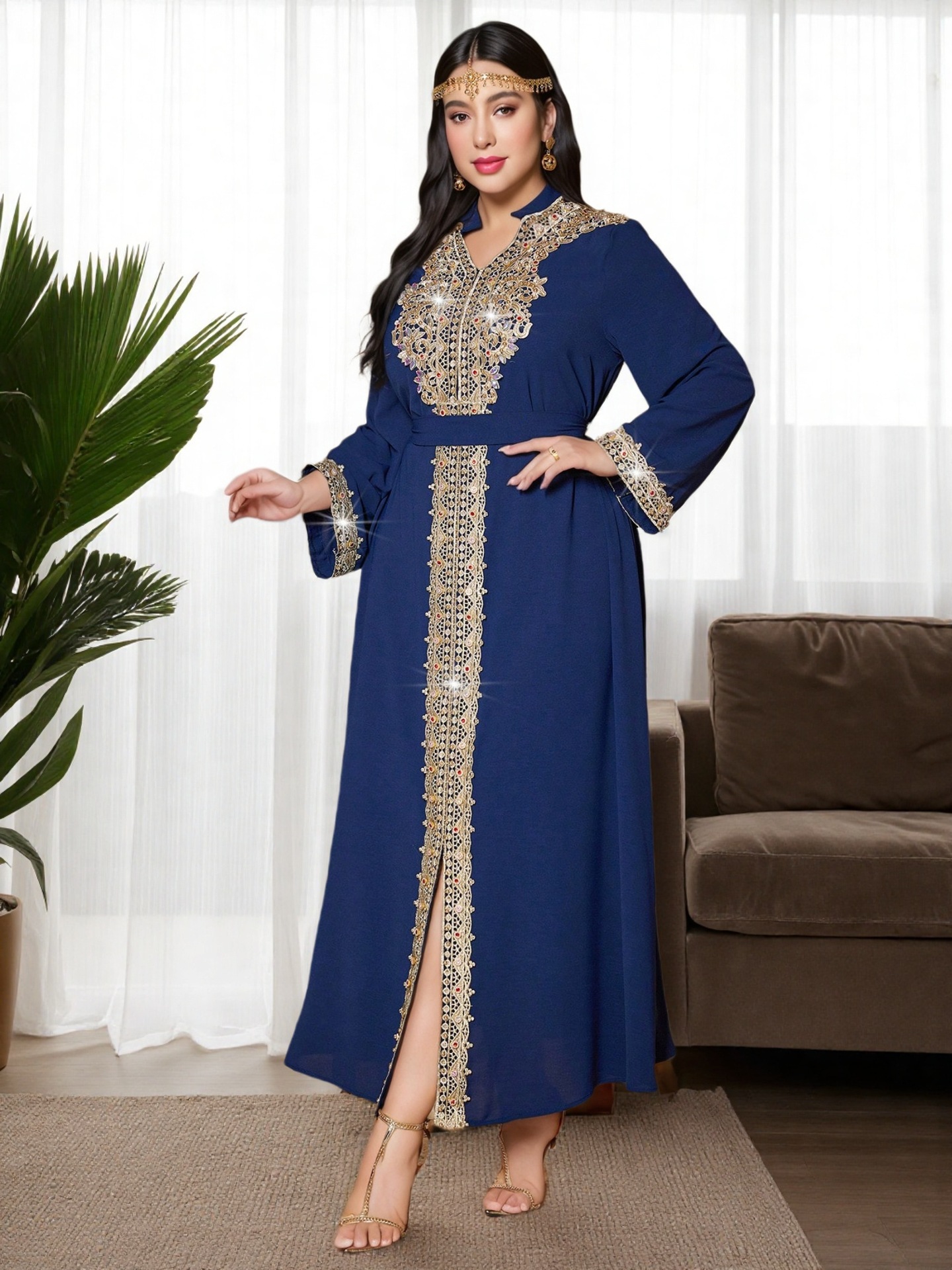 Middle Eastern Plus Size Vintage Arabic Dubai Embroidered Appliqué Rhinestone Dress Muslim Party Evening Gown_ecoleips.com