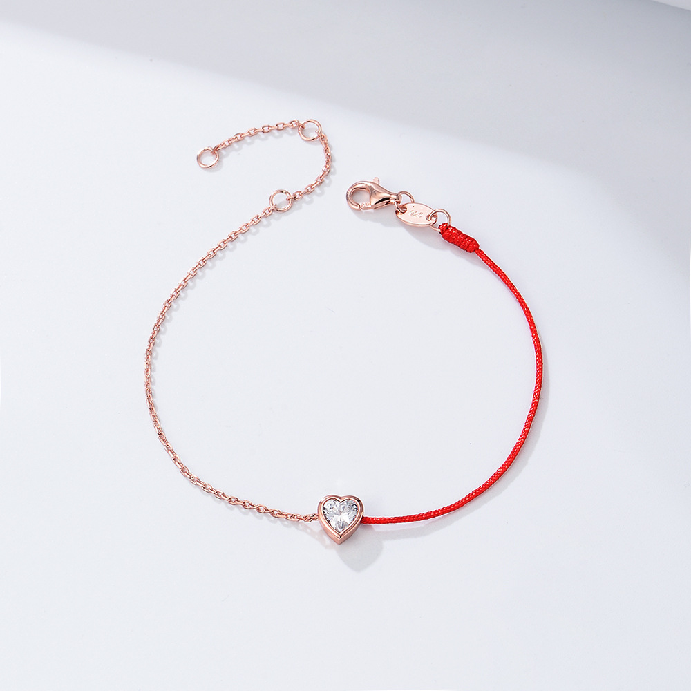 S925 plata esterlina en forma de corazón ZIRCON costura cuerda de color pulsera Mujer simple todo fósforo estilo coreano diamante incrustado suerte cuerda roja joyería