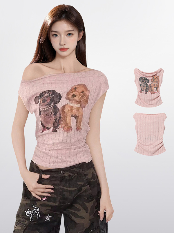ホットガールピンク子犬オフショルダー半袖Tシャツレディース夏デザインウエストスリムワンショルダートップ|undefined