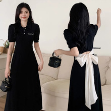 夏季新款后背镂空露背蝴蝶结时髦百搭小众宽松收腰淑女风中长裙子