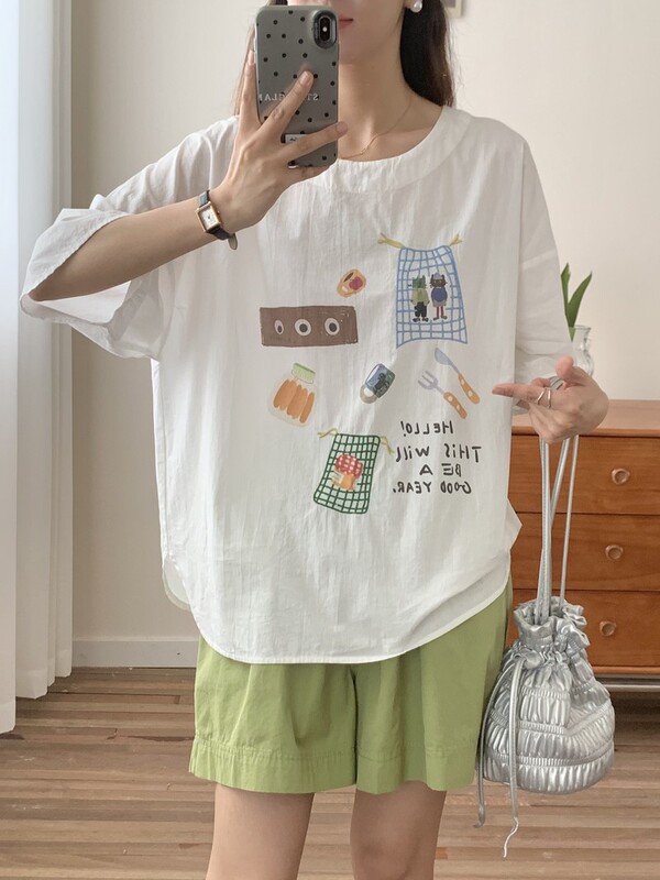 Japanese-Style Fresh Cartoon Knife and Fork Letter Print Loose Women's Pullover Short-Sleeve Shirt Loose Top