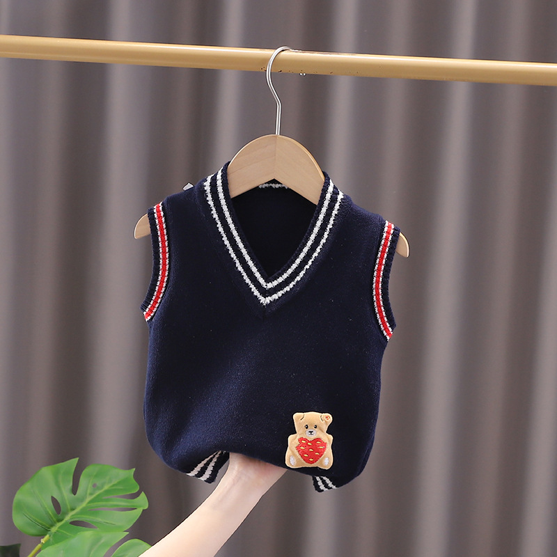 [Oso Jin Yong] de los niños británicos estilo preppy oso bordado chaleco primavera color sólido bebé nuevo algodón superior hilo