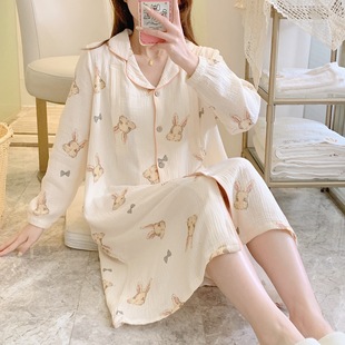 Cotton Crepe Lactation Nightgown Sweat Absorbing Breathable Prenatal and Postnatal Pajamas Suitable for Pregnant Women in Spring and Summer