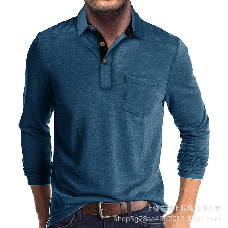 European and American Men's Lapel Long-Sleeved Polo Imitation Cotton Fabric 3D Printed Export Autumn and Winter Bottoming Shirt Tops Polos