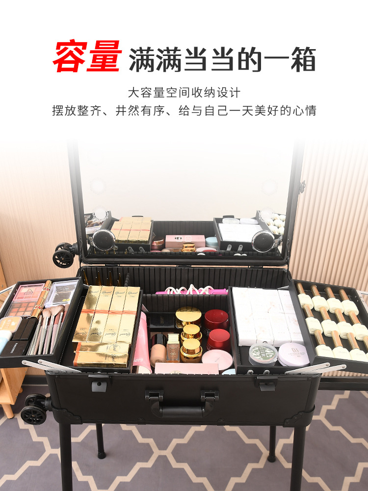 Wow, caja de cosméticos, barra de tracción de maquillaje profesional con soporte oculto de luz LED, espejo templado, caja de herramientas de almacenamiento de maquillador