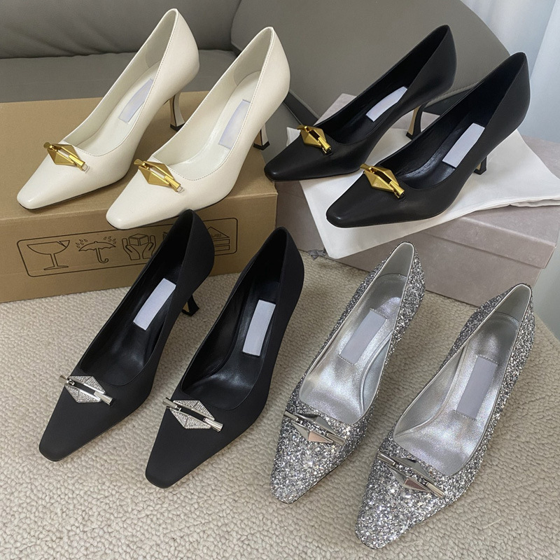 Jc Pure Original Version! Small Square Toe Stiletto Heels Blingbling Commuter Banquet Wedding Shoes Shallow Mouth Work Shoes