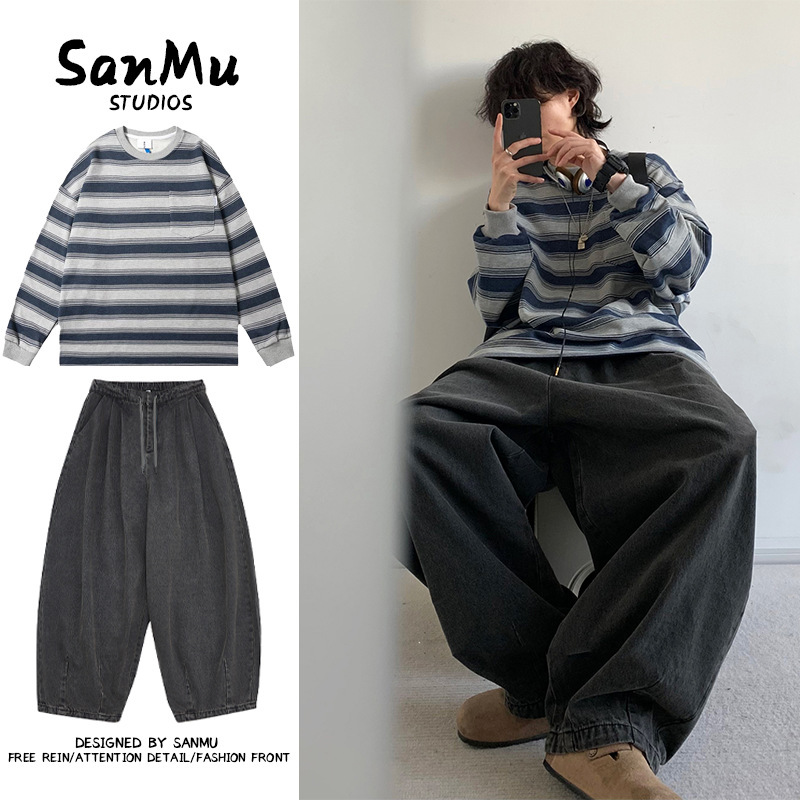 Two-Piece/Single-Piece Japanese Retro Distressed Sailor Shirt for Men and Women, Couple's Round-Neck Striped Workwear Sweatshirt Set Two-Piece/Single-Piece Japanese Retro Distressed Sailor Shirt for Men and Women, Couple's Round-Neck Striped Workwear Sweatshirt Set