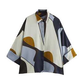 Z跨境批发2025欧美风时尚气质春女装新款丝缎质感印花衬衫 11147