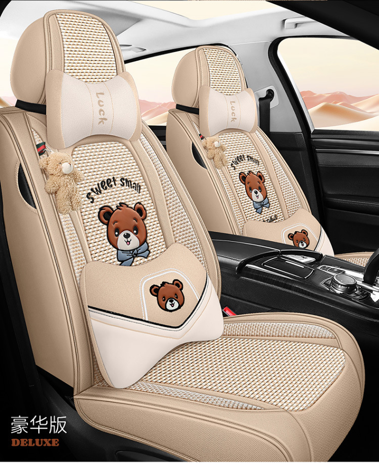 New All-Season Universal Car Seat Cushion, Full-Coverage Seat Cover, Cartoon Cute Linen, High-Grade Goddess Breathable Cotton
